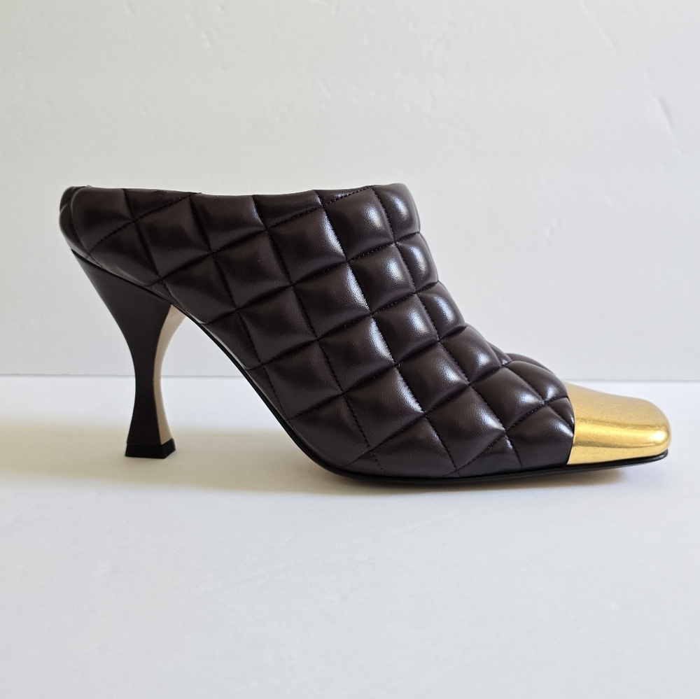 Bottega Veneta Quilted Leather Metallic Toe High Heel Mules Size 39 Wine… - Picture 7 of 15